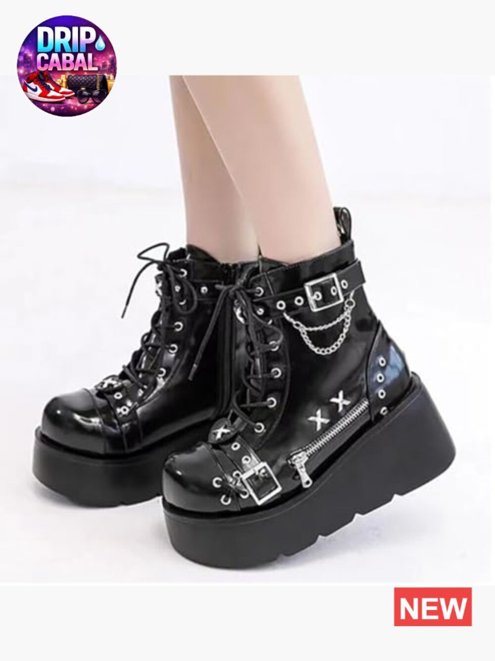 Goth Platform Ankle Boots with Bat Wing Buckles Chunky Heels Round Toe Zipper - Picture 6 of 6